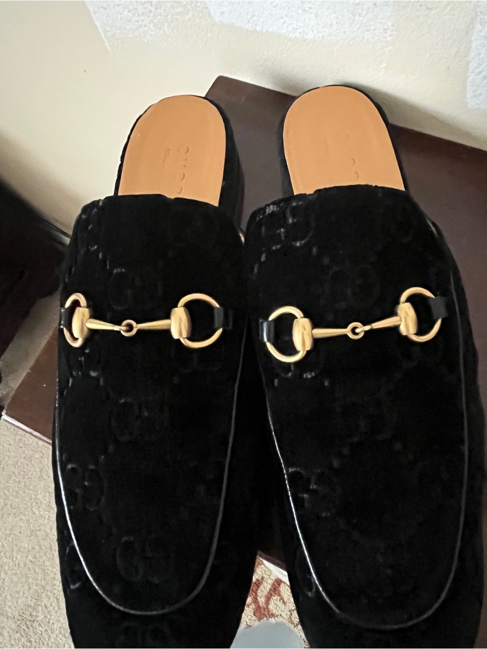 Gucci Men’s Black Velvet Slip-On Mules with Gold Horsebit Accent. Size 13B